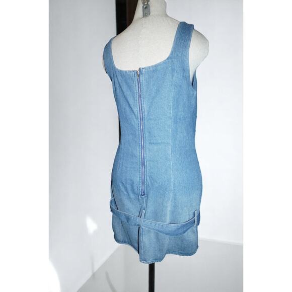LE LIS Denim Mini Dress M Belted Tank Sleeveless Square Neck Blue Y2K Casual - Picture 9 of 16